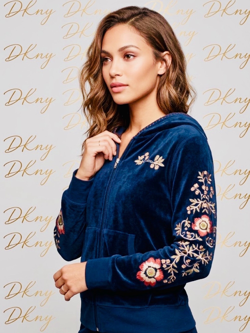 DKNY Active Women's Floral Embroidered Velour Hoodie - Black (Size M)
